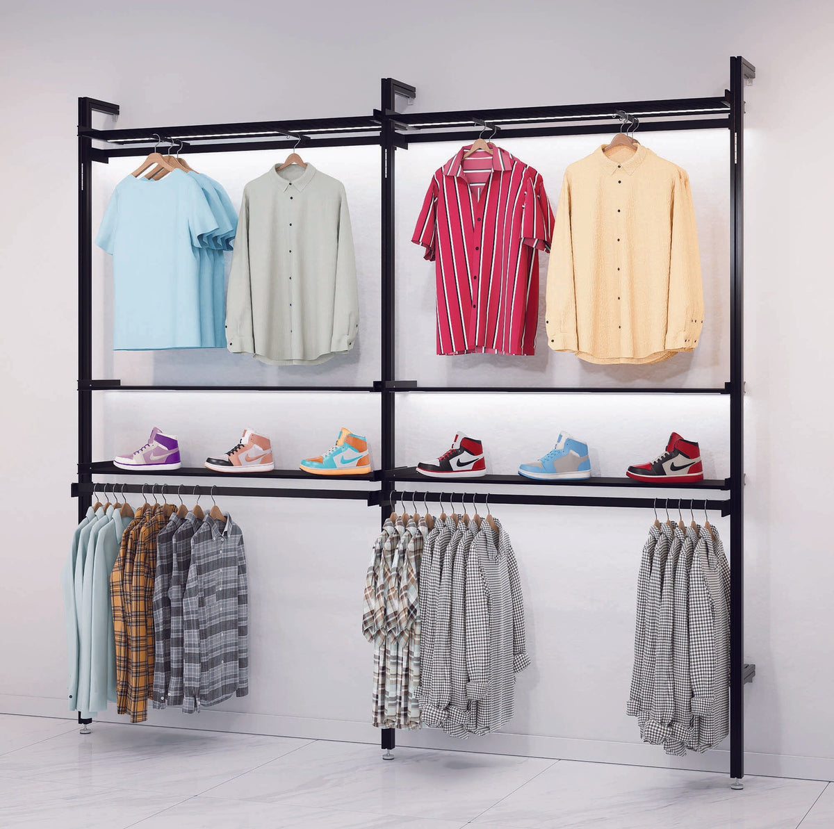 Two-bay retail display shelving unit with black shelves and black vertical posts, shown with open display shelves.