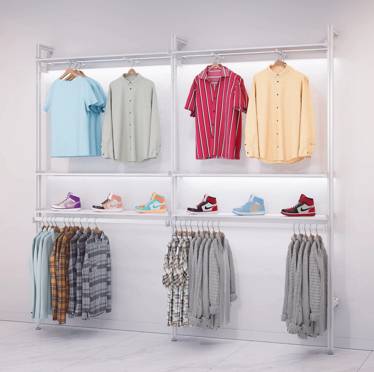 Two-bay retail display shelving unit with white shelves and white vertical posts, shown with open display shelves.