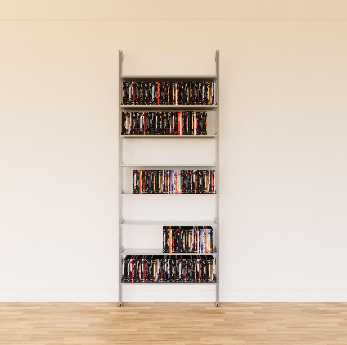 DVD media storage shelving unit with satin shelves and satin vertical posts, one bay, 31-inch shelf width, shown with open media storage shelf levels.