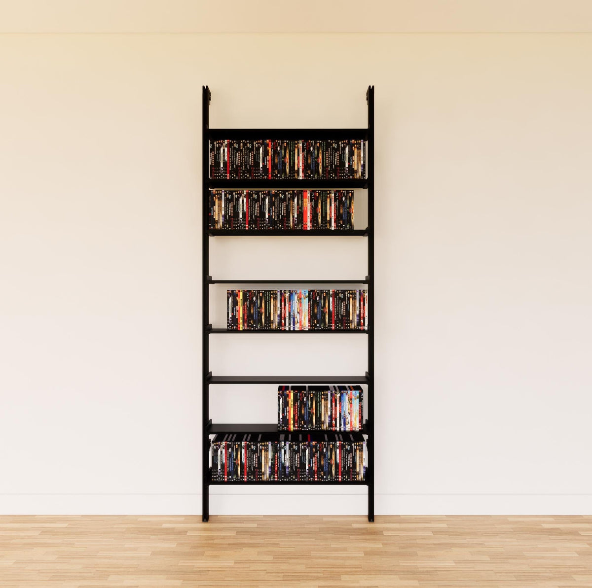 DVD media storage shelving unit with black shelves and black vertical posts, one bay, 31-inch shelf width, shown with open media storage shelf levels.
