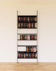 DVD media storage shelving unit with black shelves and satin vertical posts, one bay, 31-inch shelf width, shown with open media storage shelf levels.