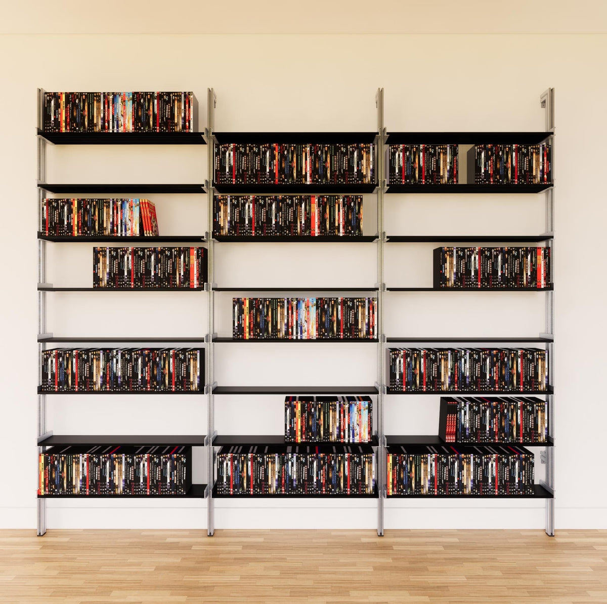 DVD media storage shelving extension with black shelves and satin vertical post, three bays, 31-inch shelf width, shown with open media storage shelf levels.