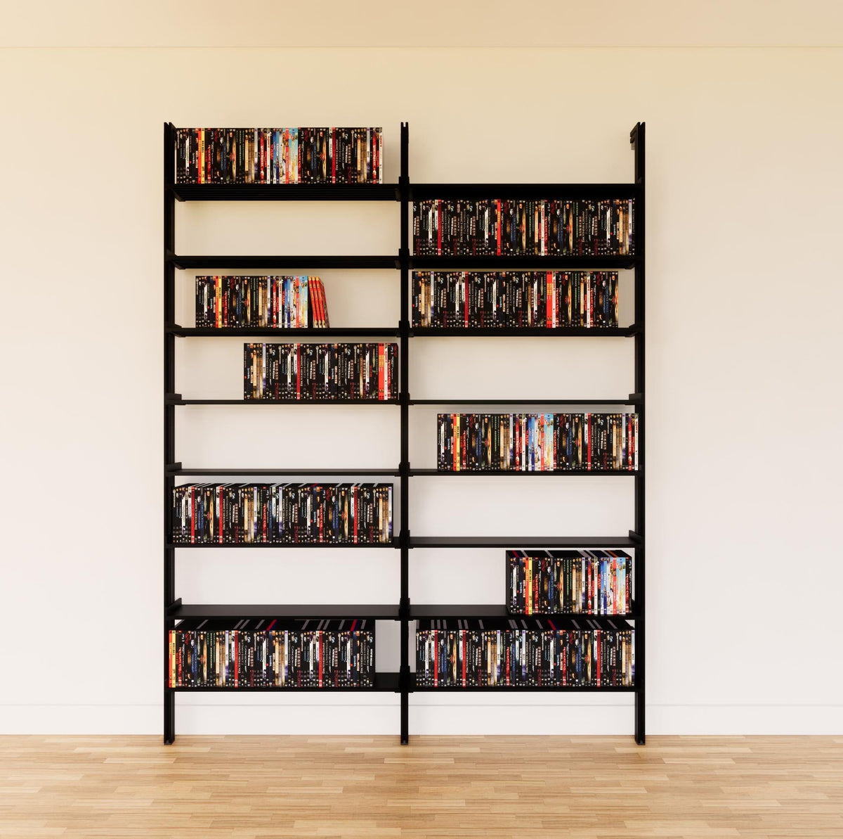 DVD media storage shelving unit with black shelves and black vertical posts, two bays, 31-inch shelf width, shown with open media storage shelf levels.