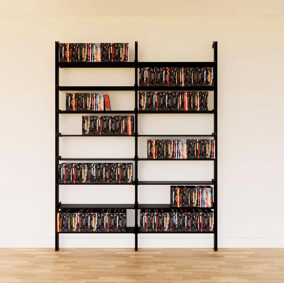 DVD media storage shelving unit with black shelves and black vertical posts, two bays, 31-inch shelf width, shown with open media storage shelf levels.