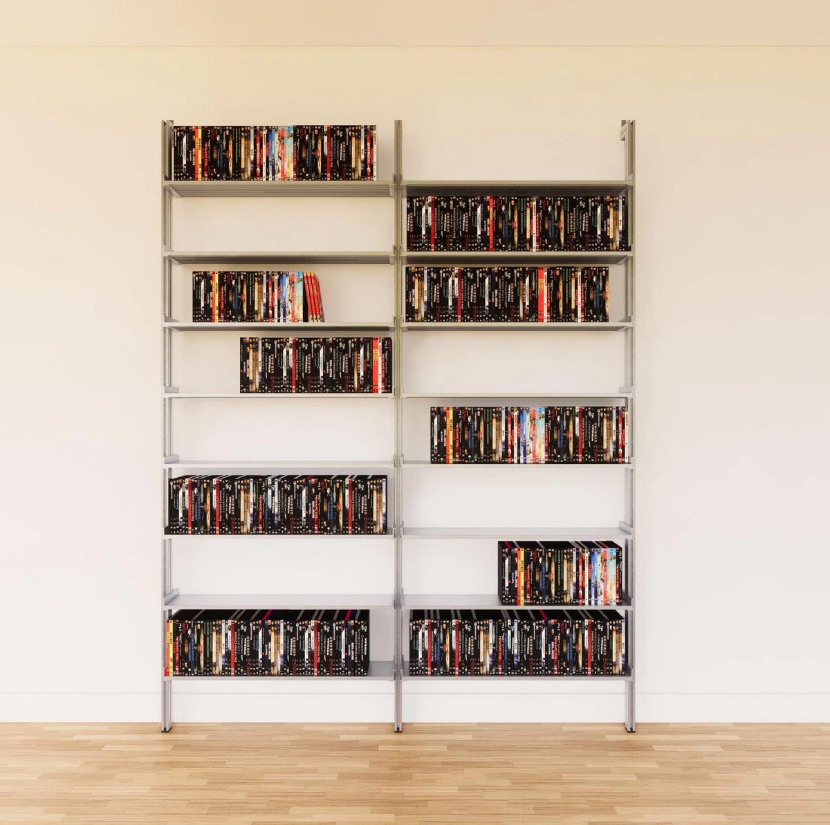DVD media storage shelving unit with satin shelves and satin vertical posts, two bays, 31-inch shelf width, shown with open media storage shelf levels.