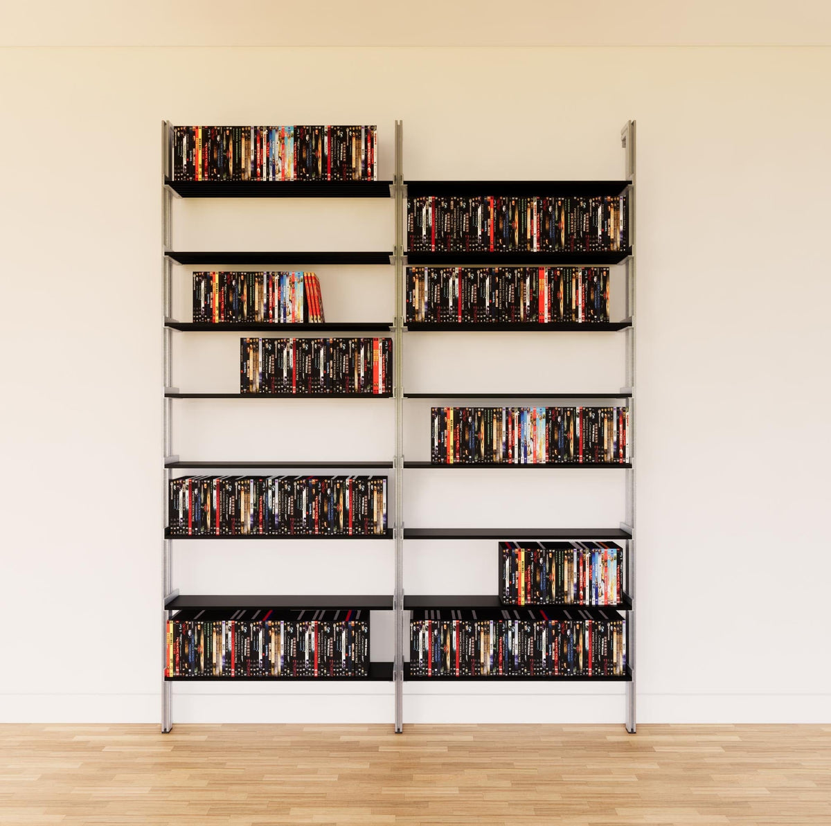DVD media storage shelving extension with black shelves and satin vertical post, two bays, 31-inch shelf width, shown with open media storage shelf levels.