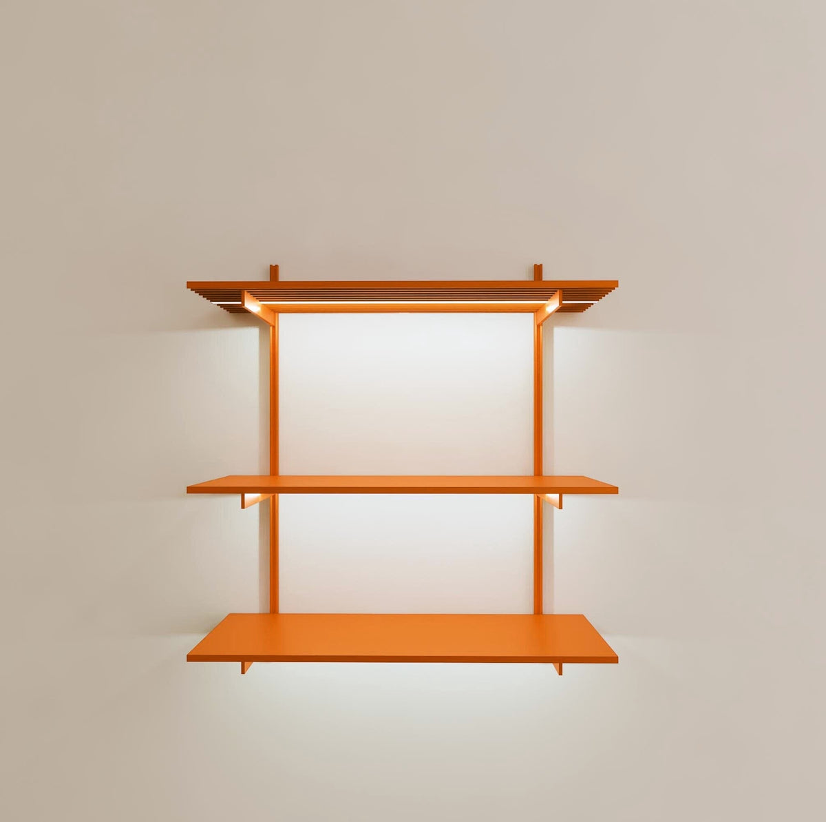 Modular shelving unit with orange shelves, orange vertical posts, and one bay, shown with three open shelf levels.
