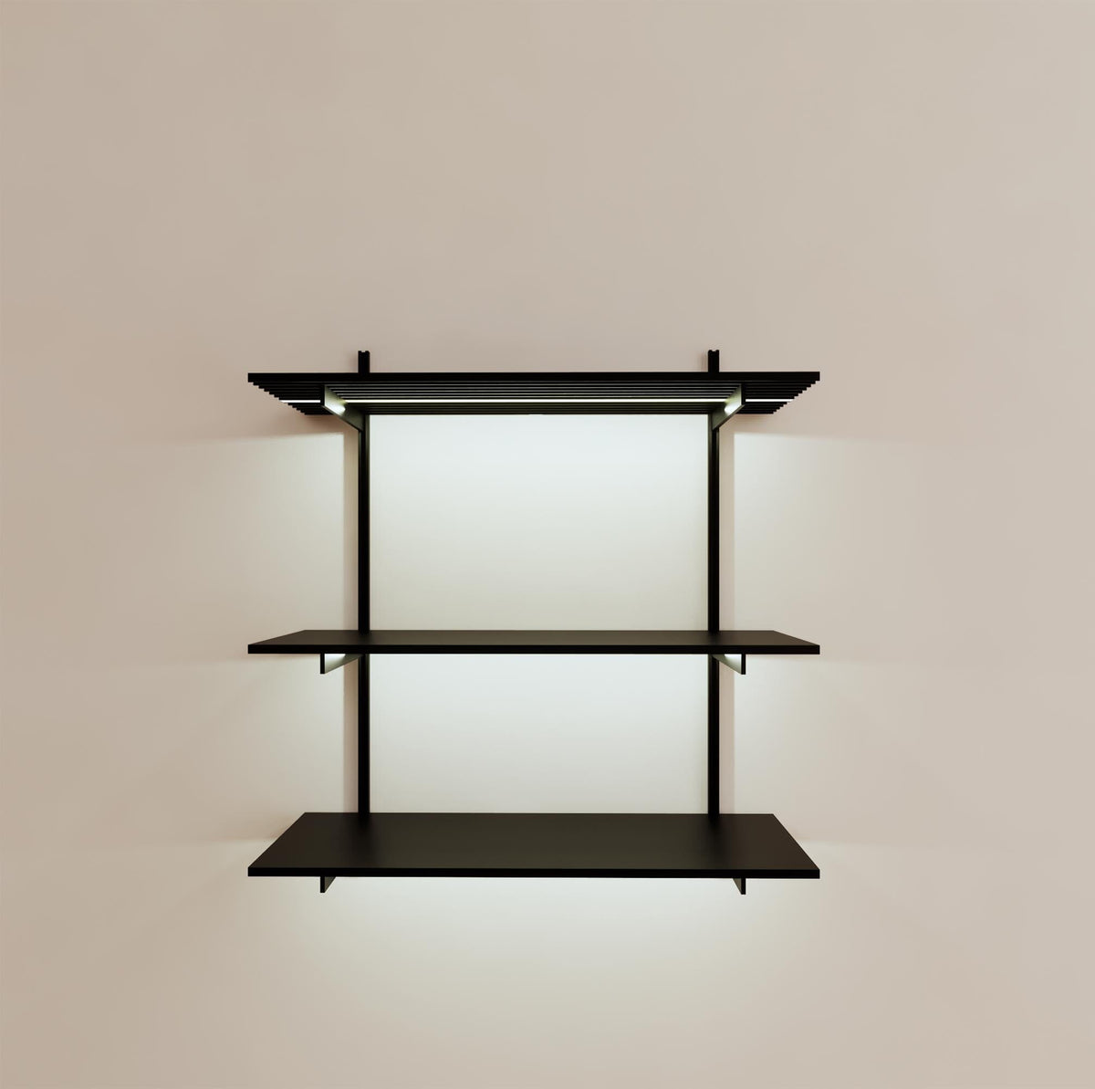 Modular shelving unit with black shelves, black vertical posts, and one bay, shown with three open shelf levels.
