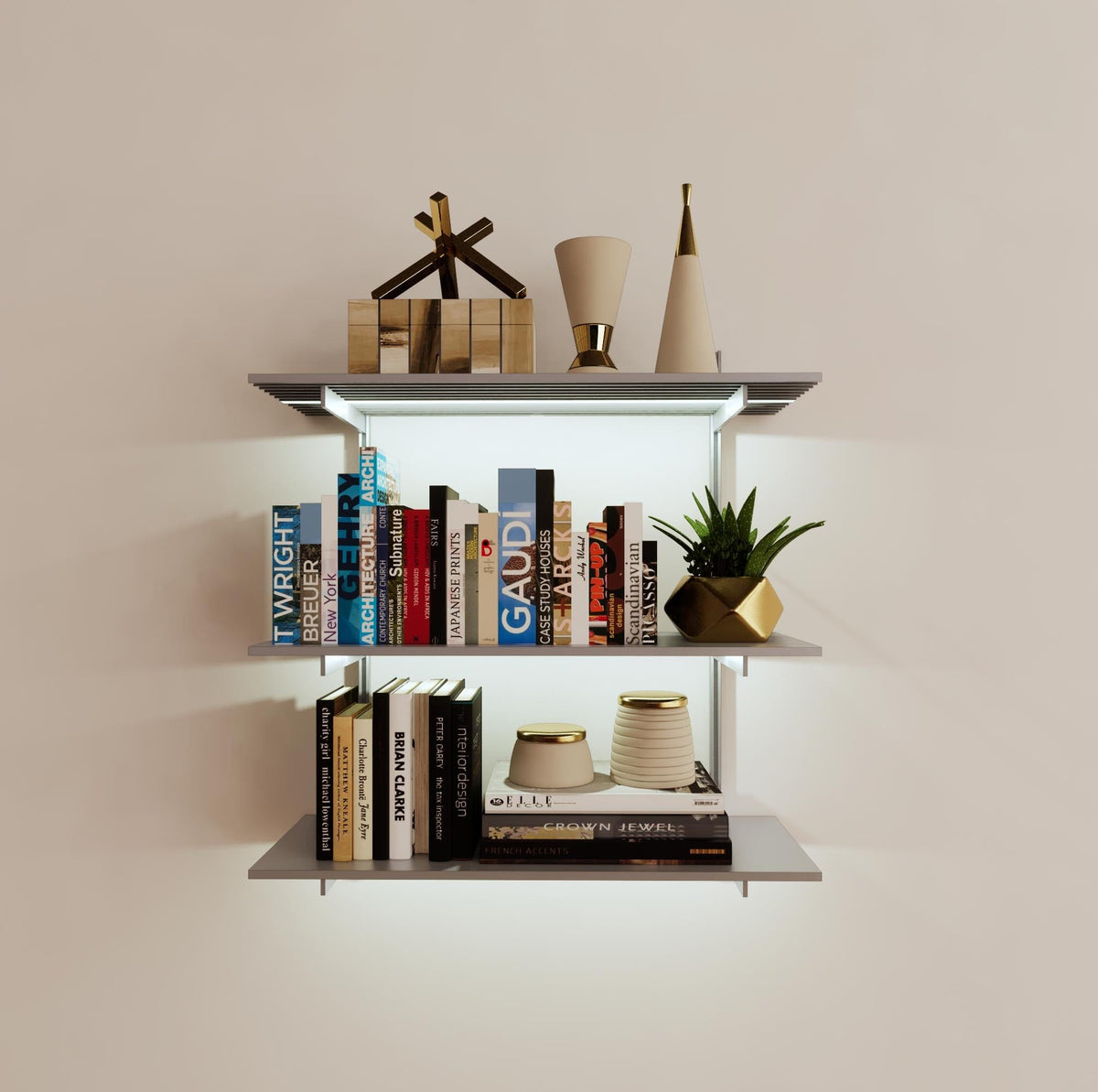 Modular shelving unit with satin shelves, satin vertical posts, and one bay, shown with three open shelf levels.