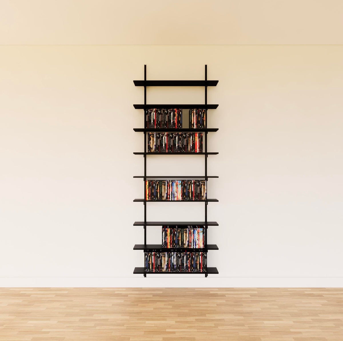 Modular media shelving unit with black shelves, black vertical posts, and one bay, shown with eight open shelf levels.