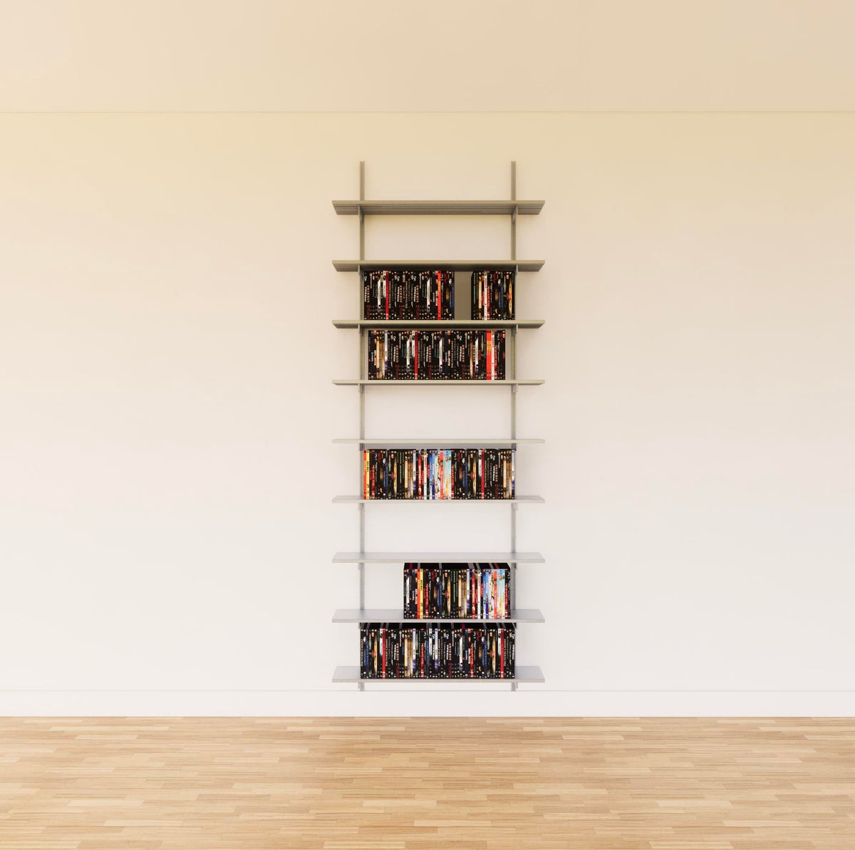 Modular media shelving unit with satin shelves, satin vertical posts, and one bay, shown with eight open shelf levels.