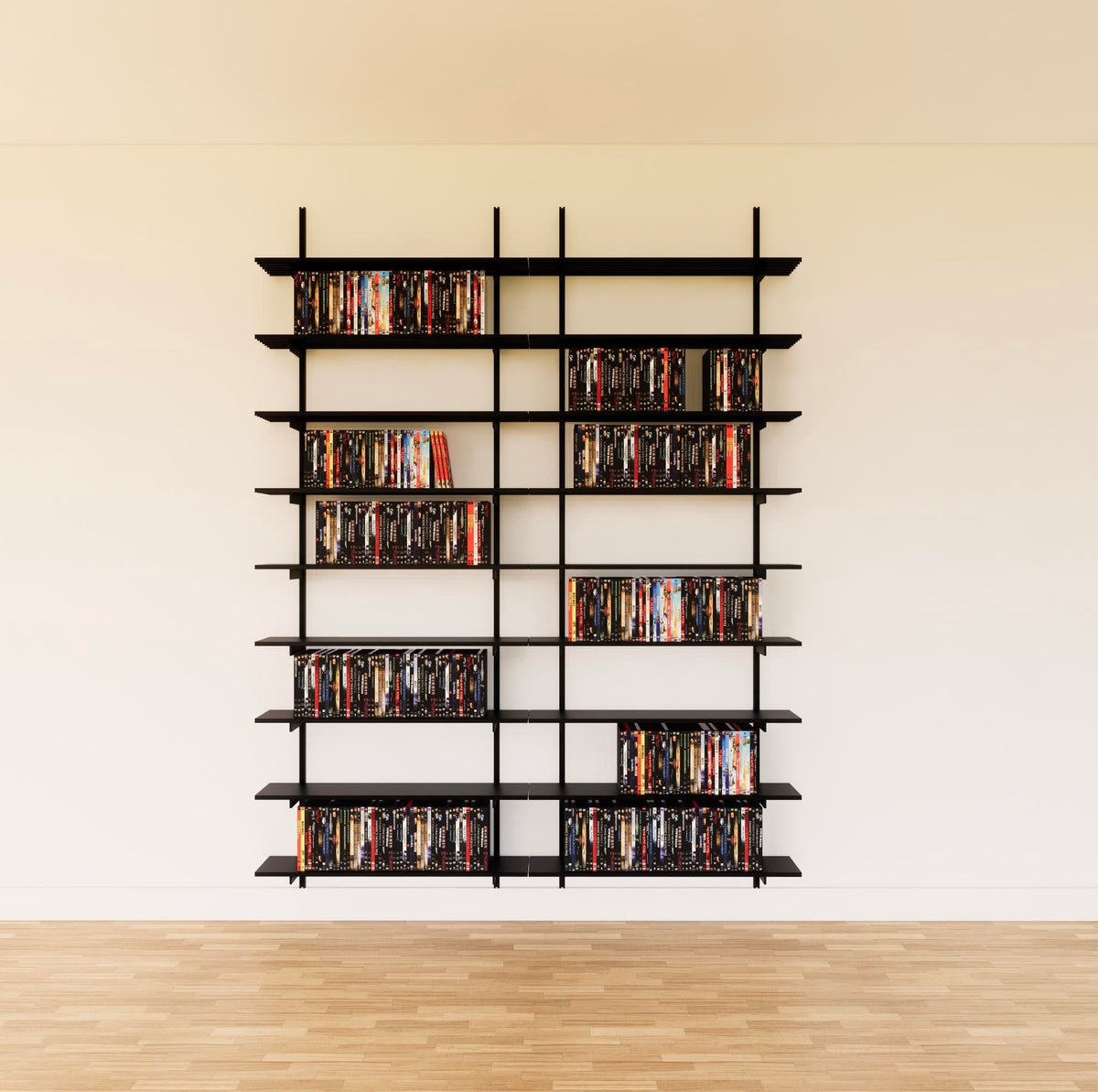 Modular media shelving unit with black shelves, black vertical posts, and two bays, shown with eight open shelf levels.