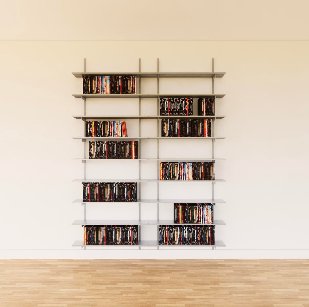 Modular media shelving unit with satin shelves, satin vertical posts, and two bays, shown with eight open shelf levels.