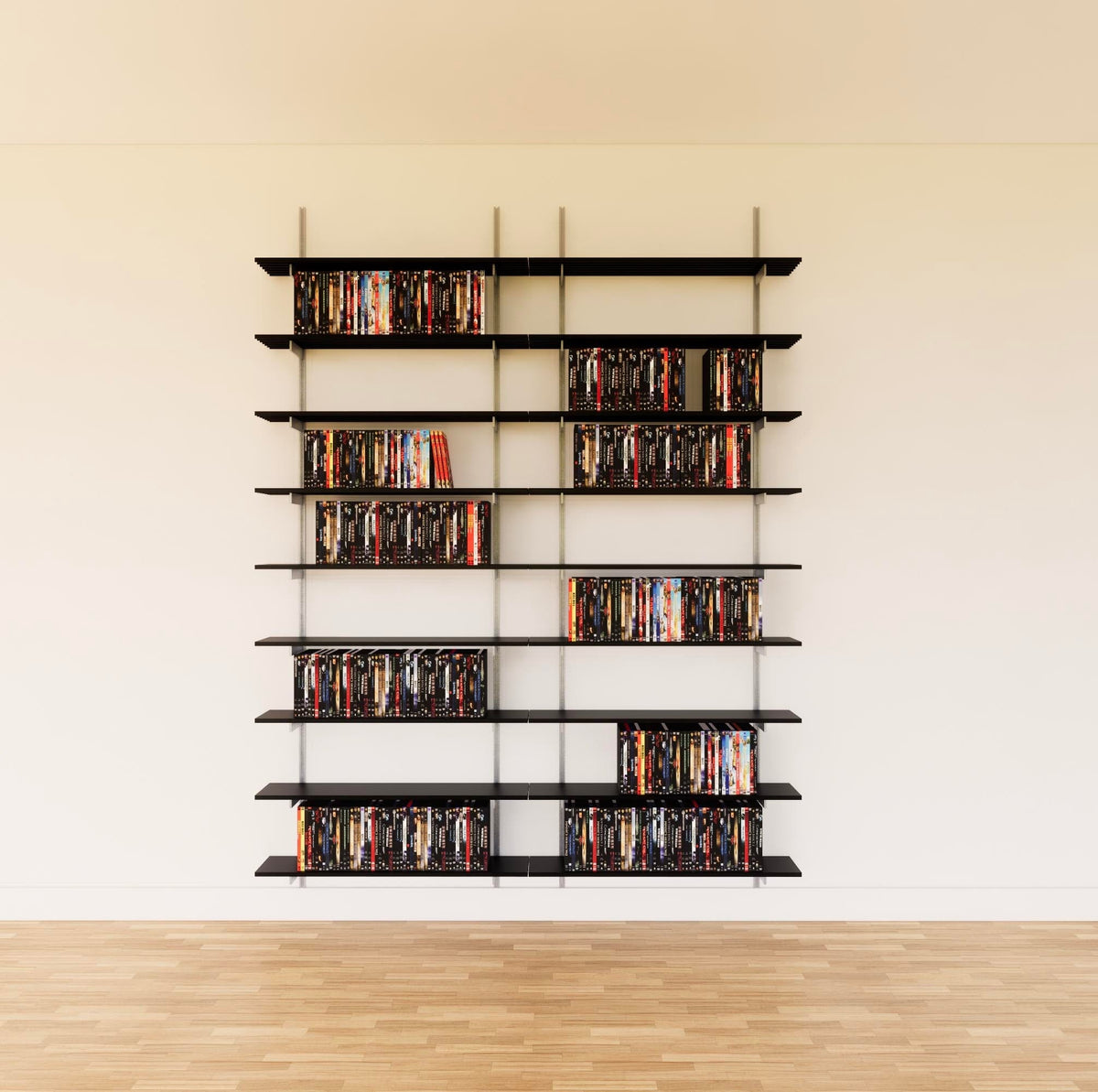 Modular media shelving unit with black shelves, satin vertical posts, and two bays, shown with eight open shelf levels.