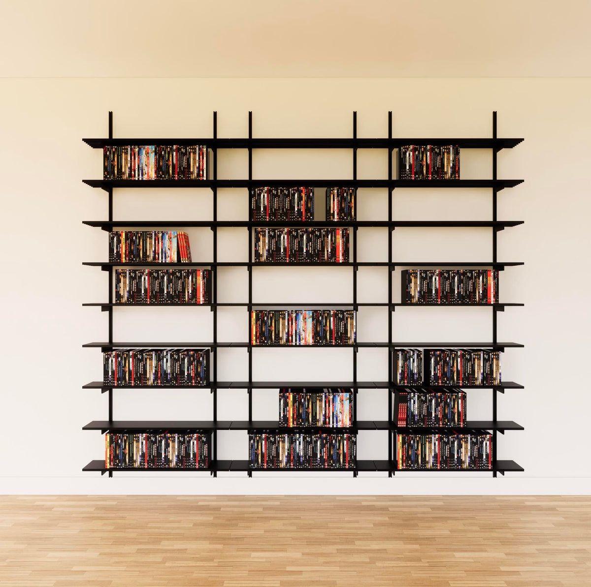Modular media shelving unit with black shelves, black vertical posts, and three bays, shown with eight open shelf levels.