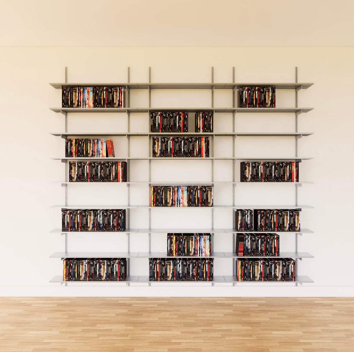 Modular media shelving unit with satin shelves, satin vertical posts, and three bays, shown with eight open shelf levels.