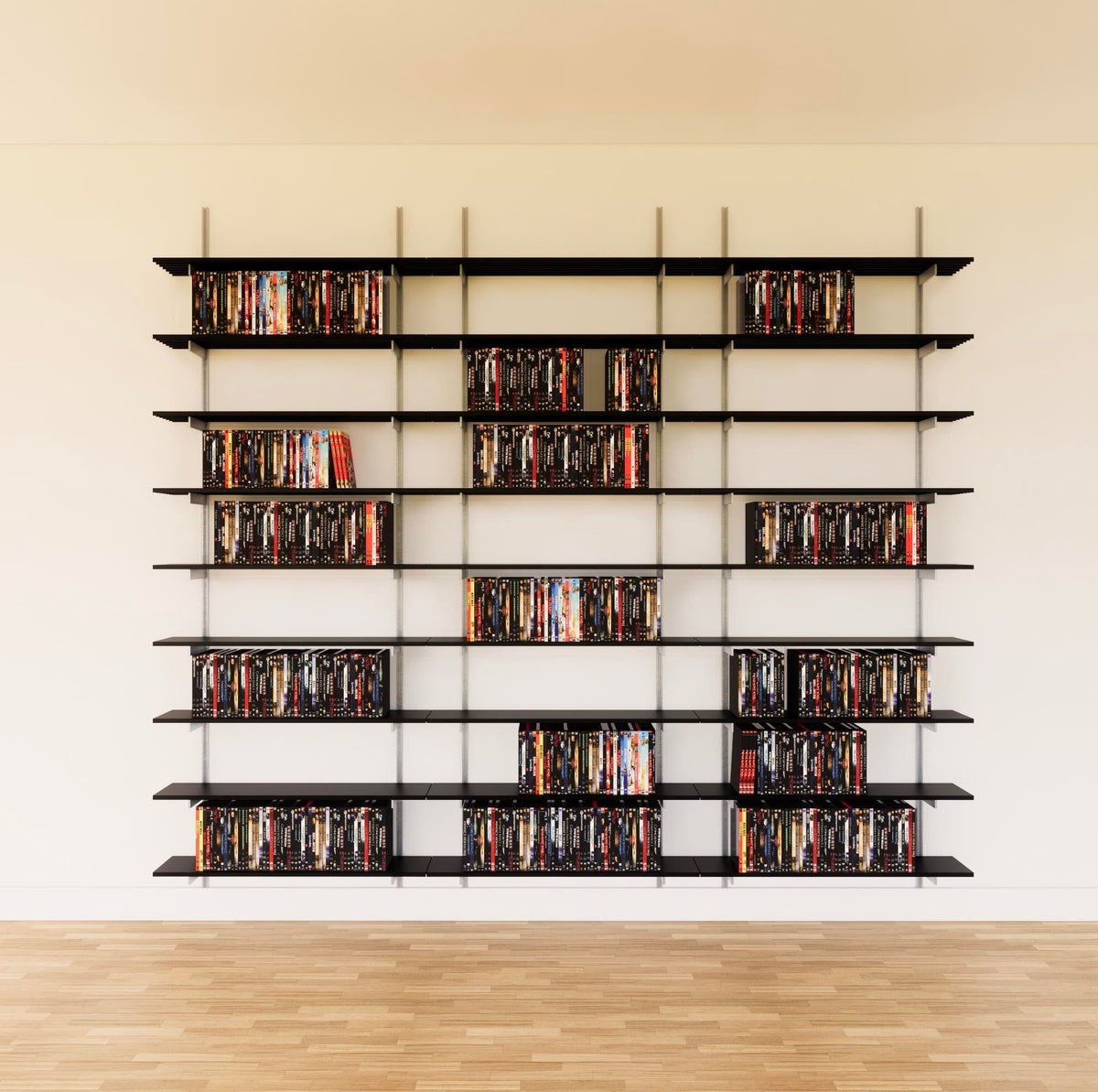 Modular media shelving unit with black shelves, satin vertical posts, and three bays, shown with eight open shelf levels.
