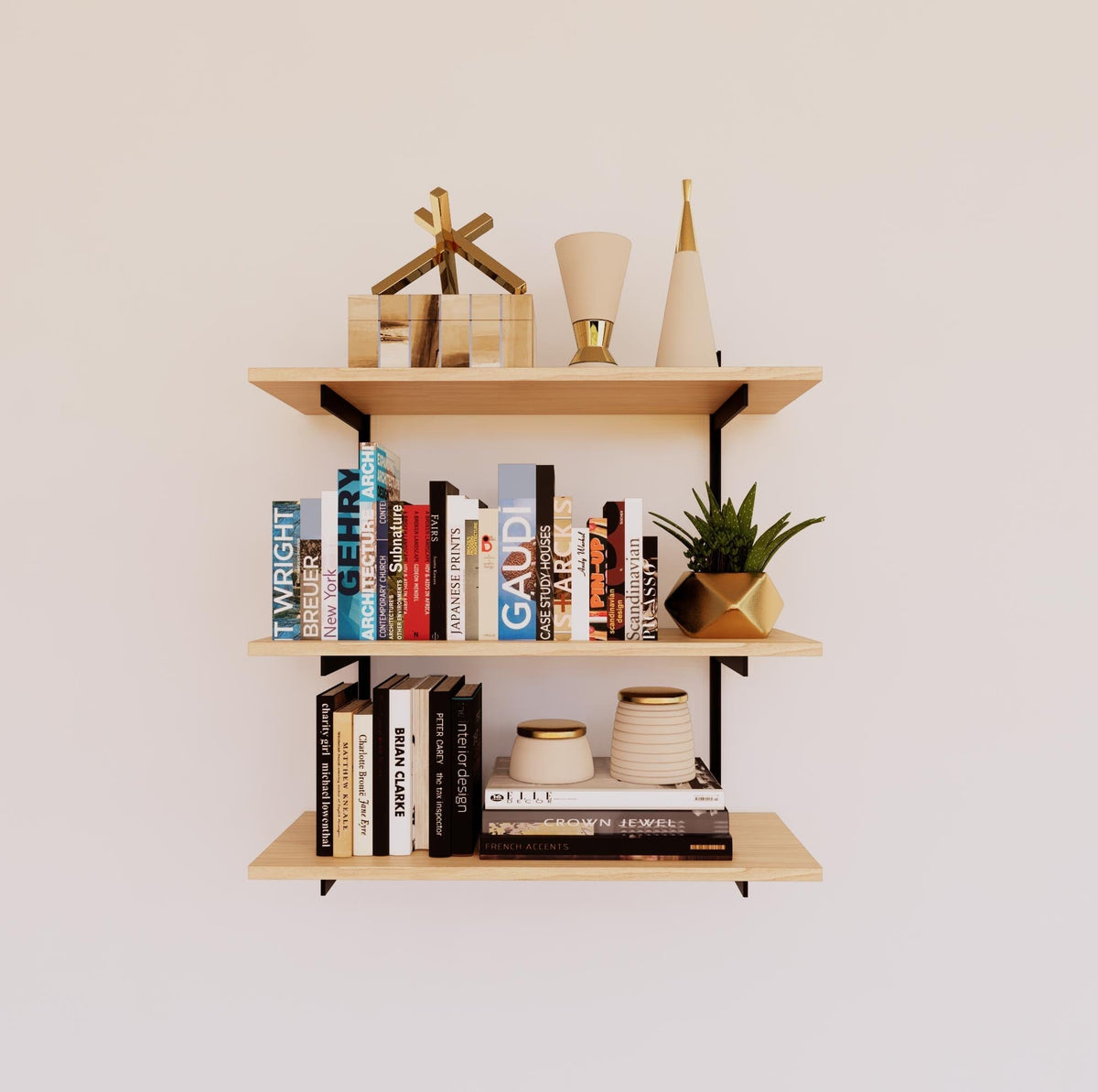 Modular shelving unit with Casting Light shelves, black vertical posts, and one bay, shown with three open shelf levels.