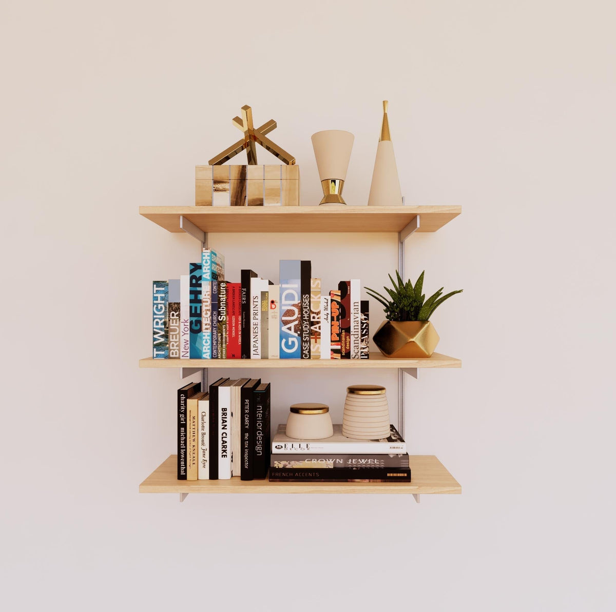 Modular shelving unit with Casting Light shelves, satin vertical posts, and one bay, shown with three open shelf levels.