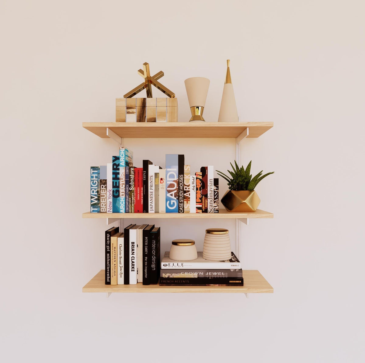 Modular shelving unit with Casting Light shelves, white vertical posts, and one bay, shown with three open shelf levels.
