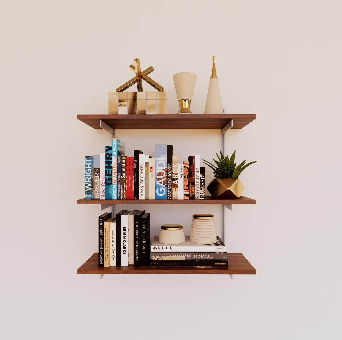 Modular shelving unit with Tea for Two shelves, satin vertical posts, and one bay, shown with three open shelf levels.