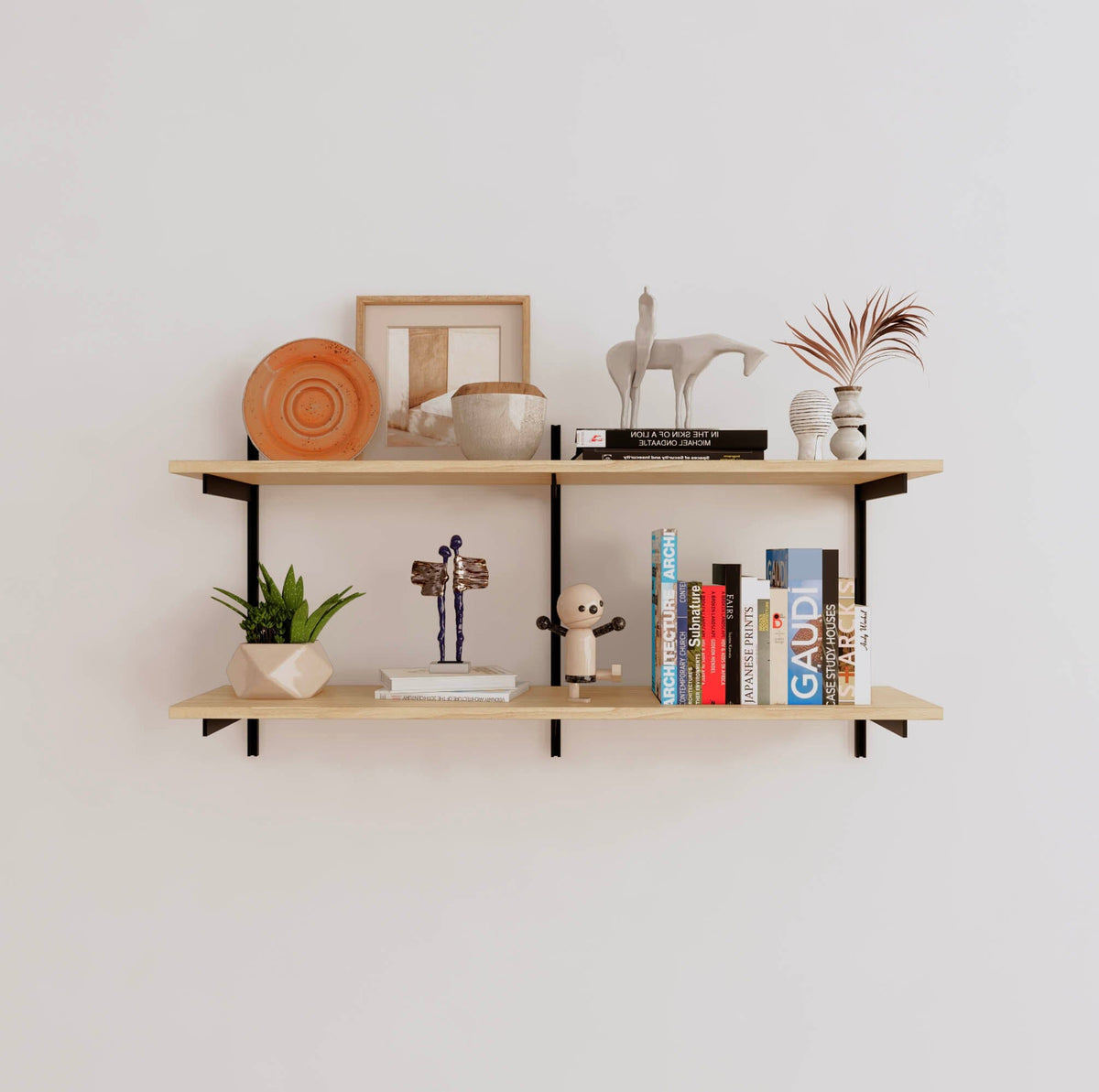 Modular shelving unit with Casting Light shelves, black vertical posts, and one bay, shown with two open shelf levels.