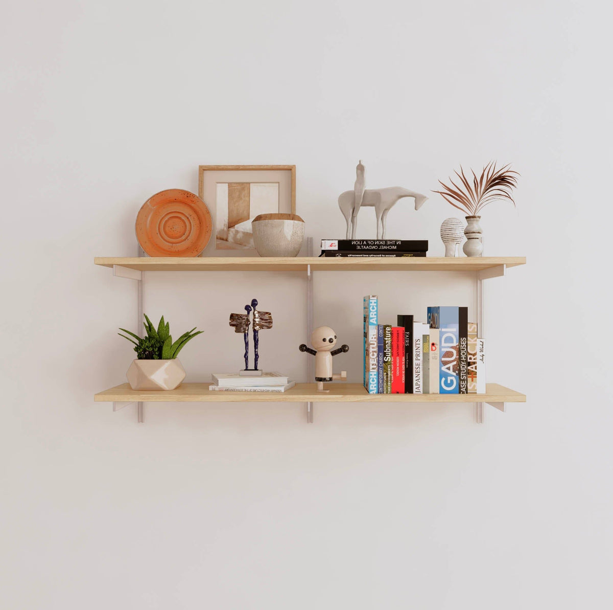 Modular shelving unit with Casting Light shelves, white vertical posts, and one bay, shown with two open shelf levels.