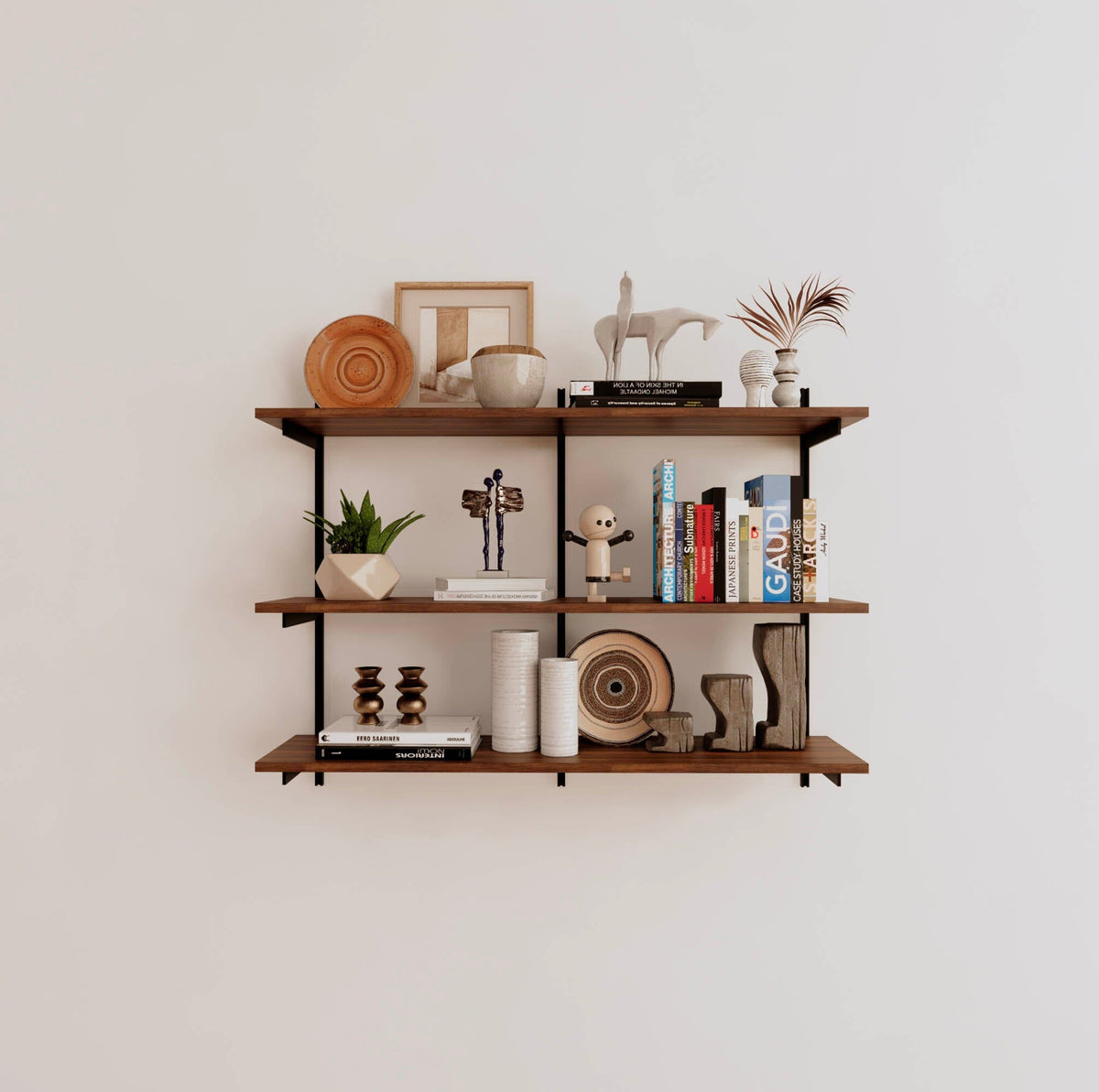 Modular shelving unit with Tea for Two shelves, black vertical posts, and one bay, shown with three open shelf levels.