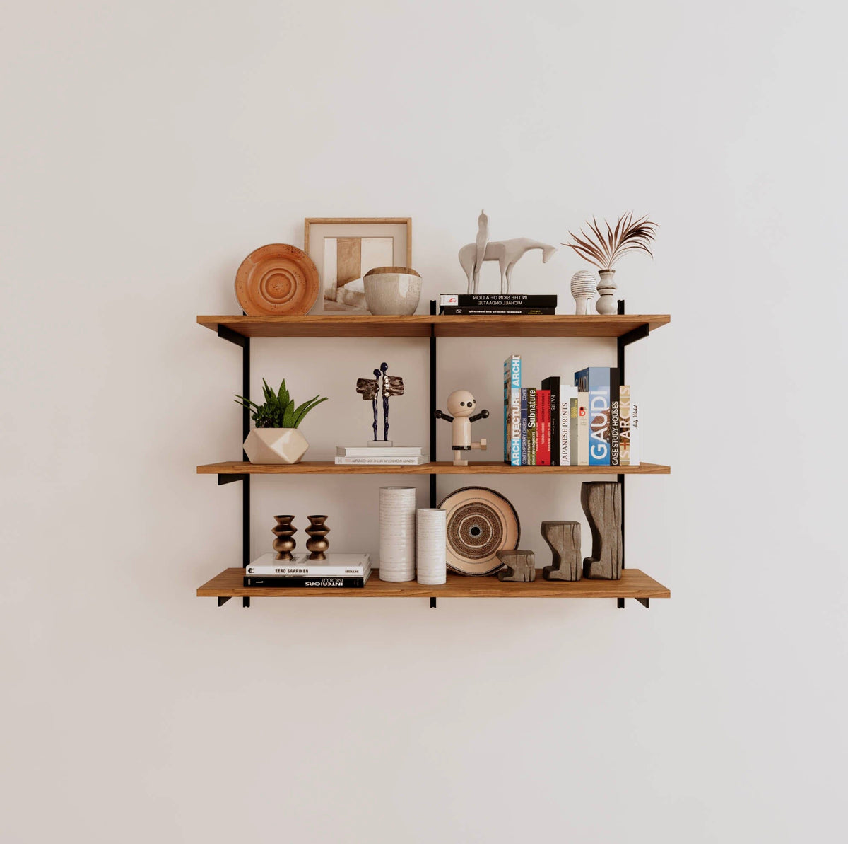 Modular shelving unit with Tea for Two shelves, black vertical posts, and one bay, shown with three open shelf levels.