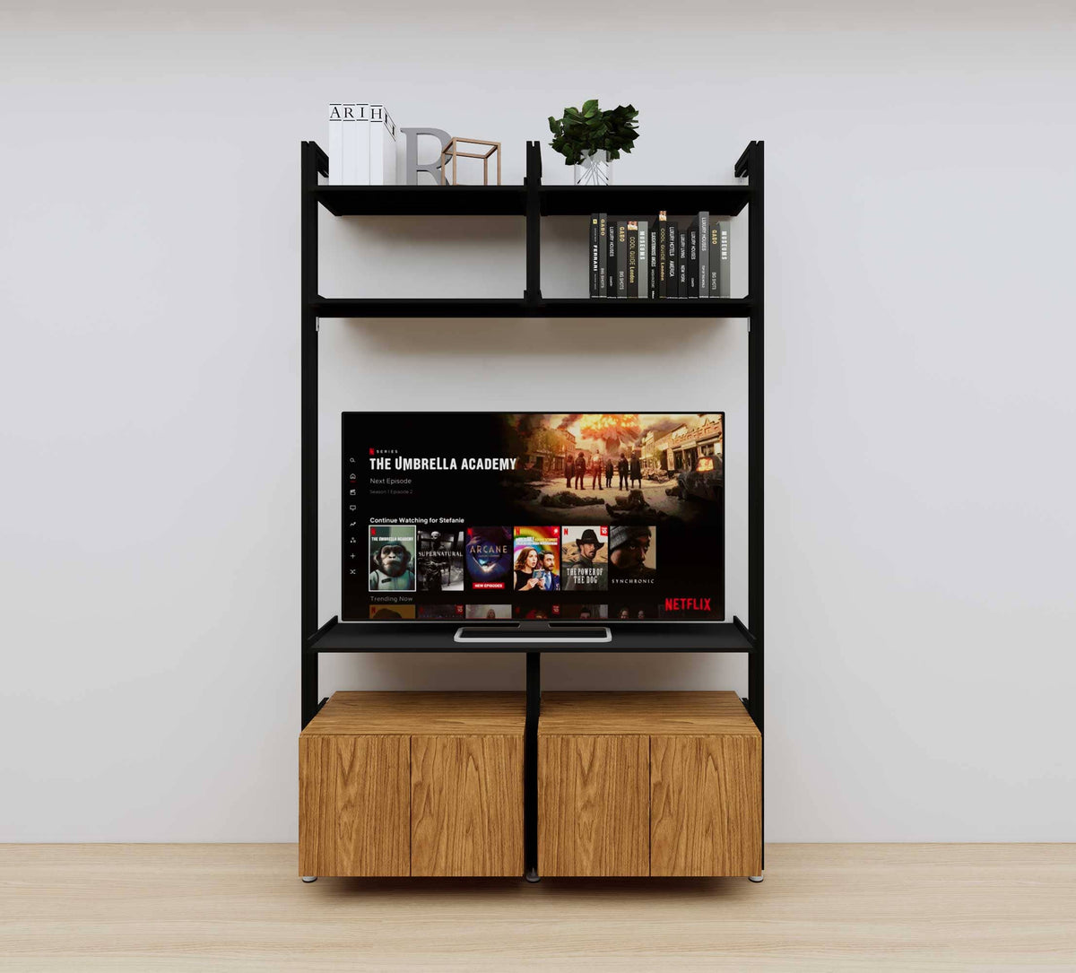 Modular media shelving unit with black shelves and black vertical posts, with Tea for Two wood cabinet storage, two bays, shown with open shelf levels.