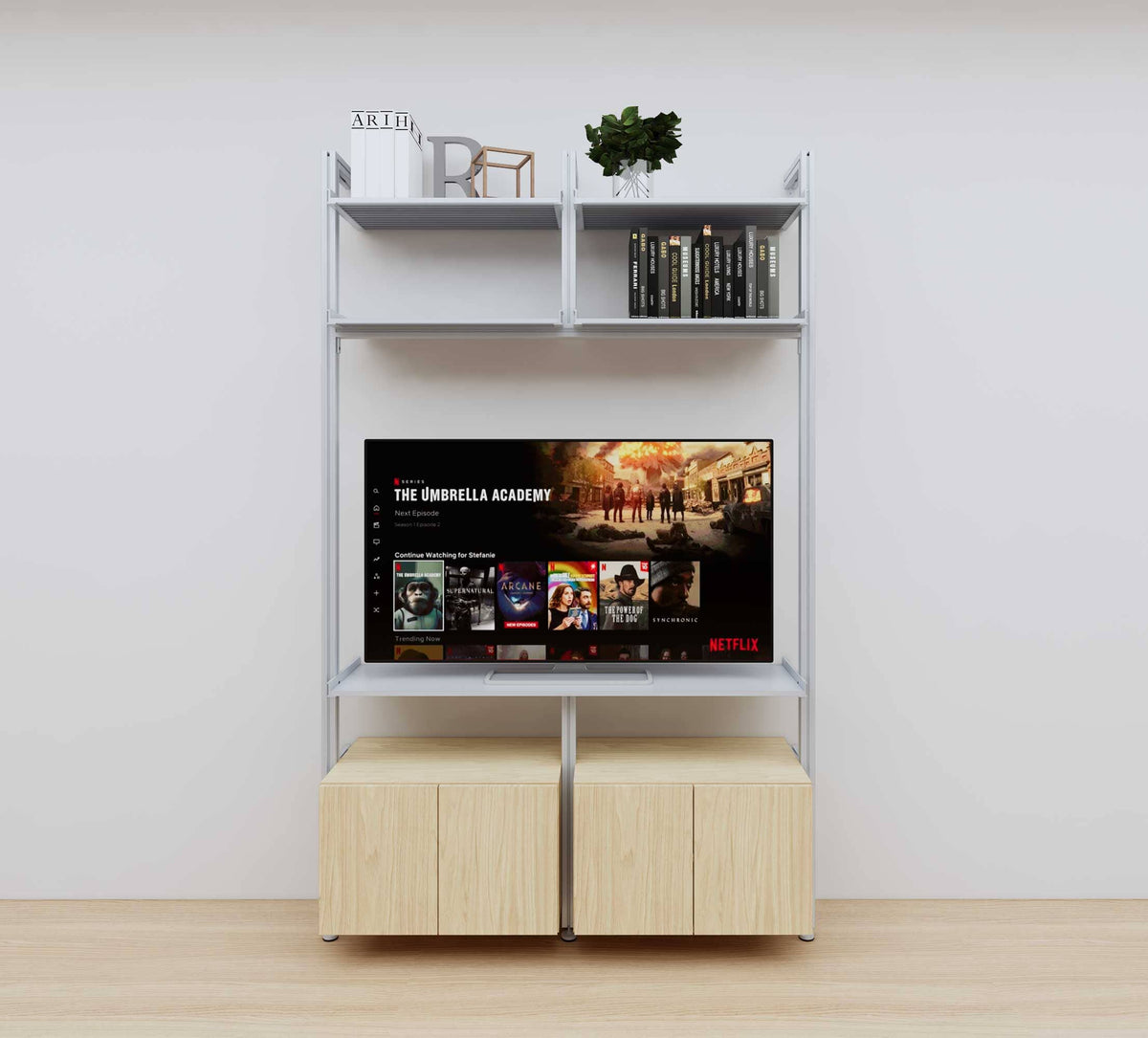 Modular media shelving unit with satin shelves and satin vertical posts, with Casting Light wood cabinet storage, two bays, shown with open shelf levels.