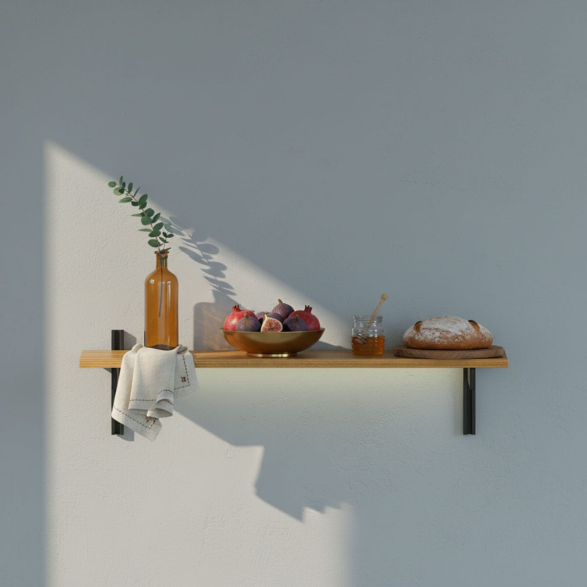 M-Float floating aluminum shelf with LED channel in wood grain finish, shown as a single display shelf.