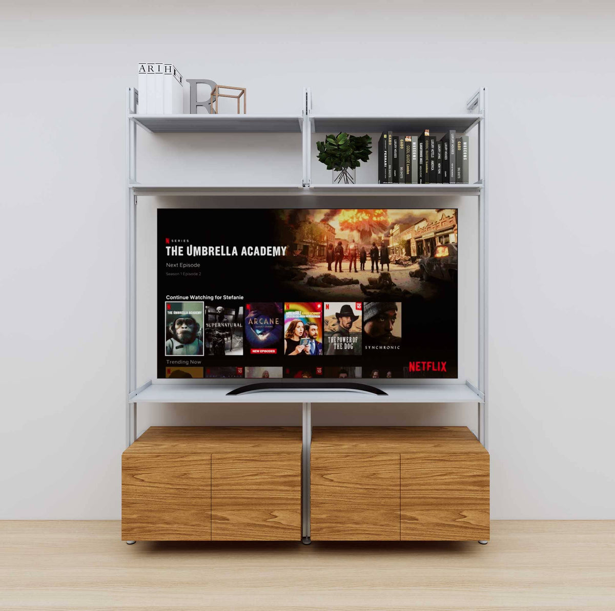 Modular media shelving unit with satin shelves and satin vertical posts, with Tea for Two wood cabinet storage, two bays, shown with open shelf levels.