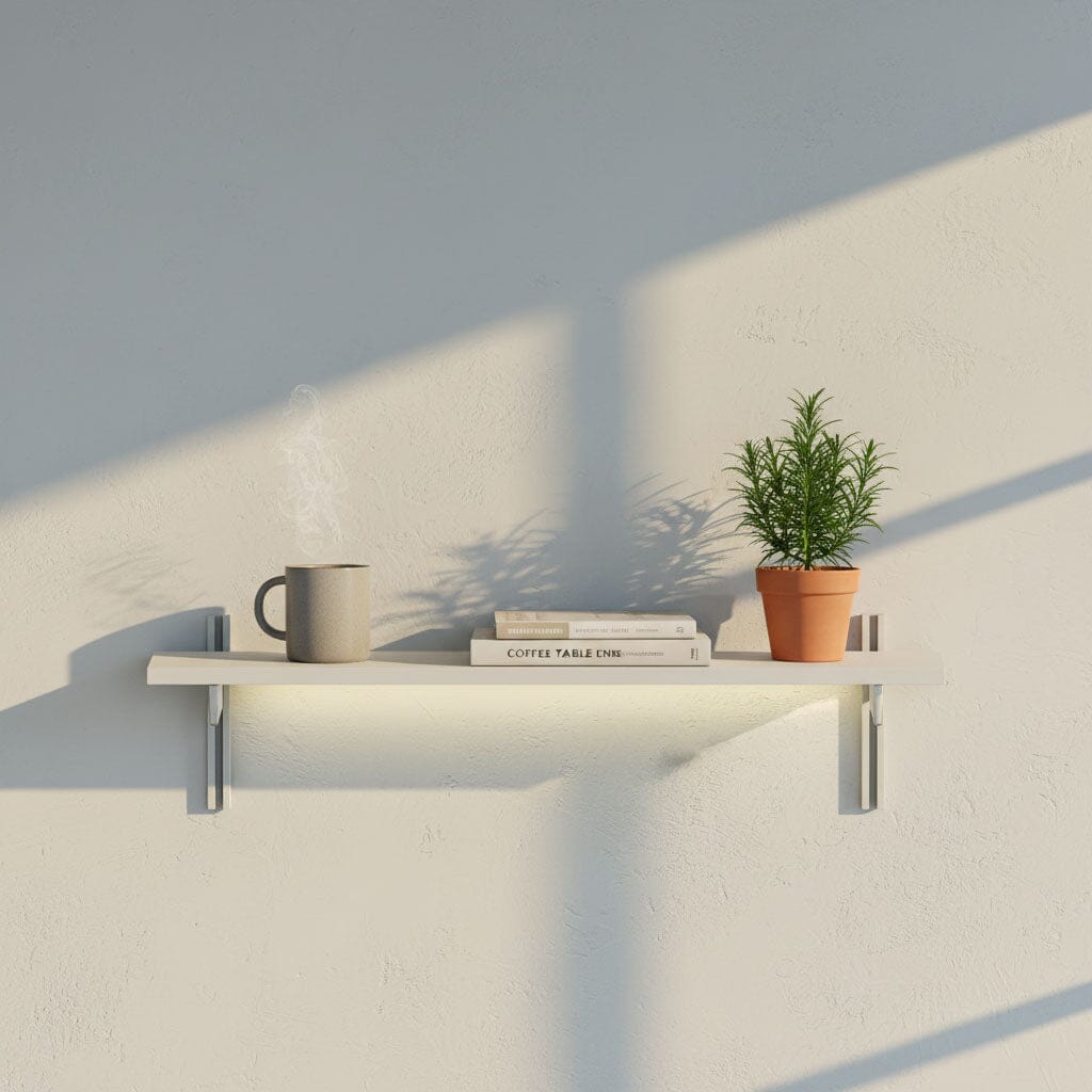 M-Float 6-inch-deep floating aluminum shelf with LED channel in satin finish, shown as a single display shelf.