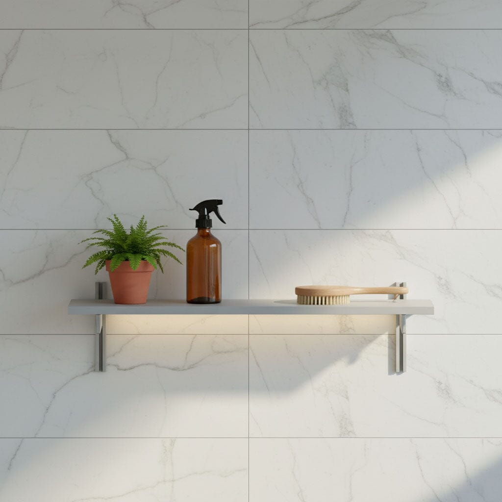 M-Float 6-inch-deep floating aluminum shelf with LED channel in satin finish, shown as a single display shelf.