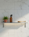 M-Float 6-inch-deep floating aluminum shelf with LED channel in satin finish, shown as a single display shelf.