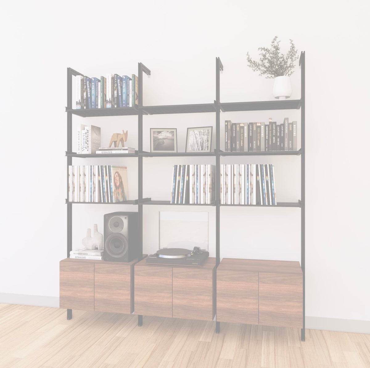 LP vinyl media storage shelving unit with wood-look shelves and black vertical posts, three bays, shown with open record storage shelf levels.