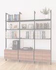 LP vinyl media storage shelving unit with wood-look shelves and black vertical posts, three bays, shown with open record storage shelf levels.