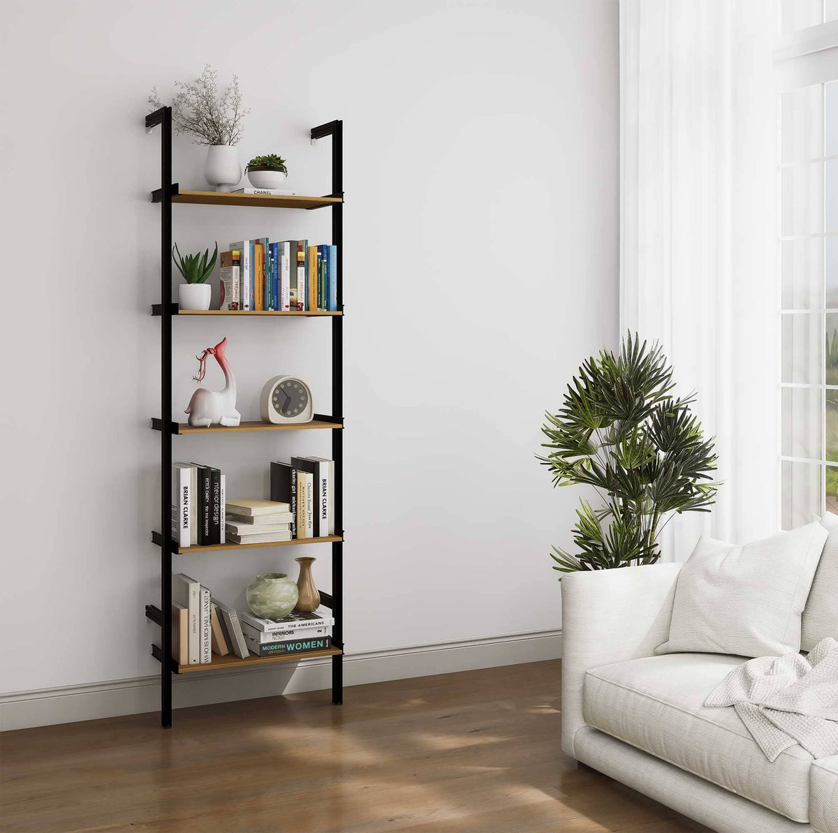 Aluminaire wood inspired modular shelving unit with wood-look aluminum shelves and black vertical posts, one bay, 24-inch shelf width, shown with open shelf levels.