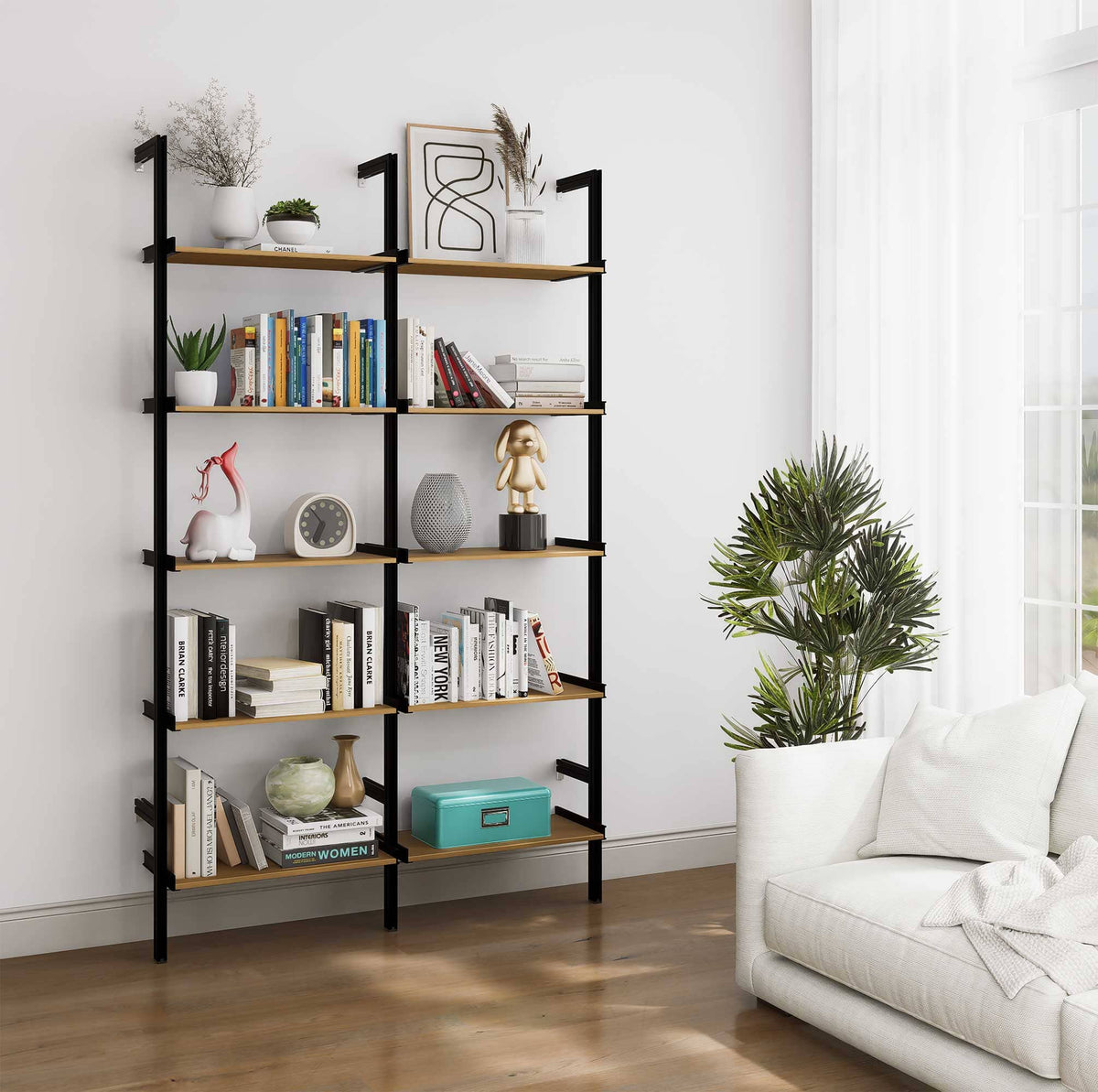 Aluminaire wood inspired modular shelving unit with wood-look aluminum shelves and black vertical posts, two bays, 24-inch shelf width, shown with open shelf levels.