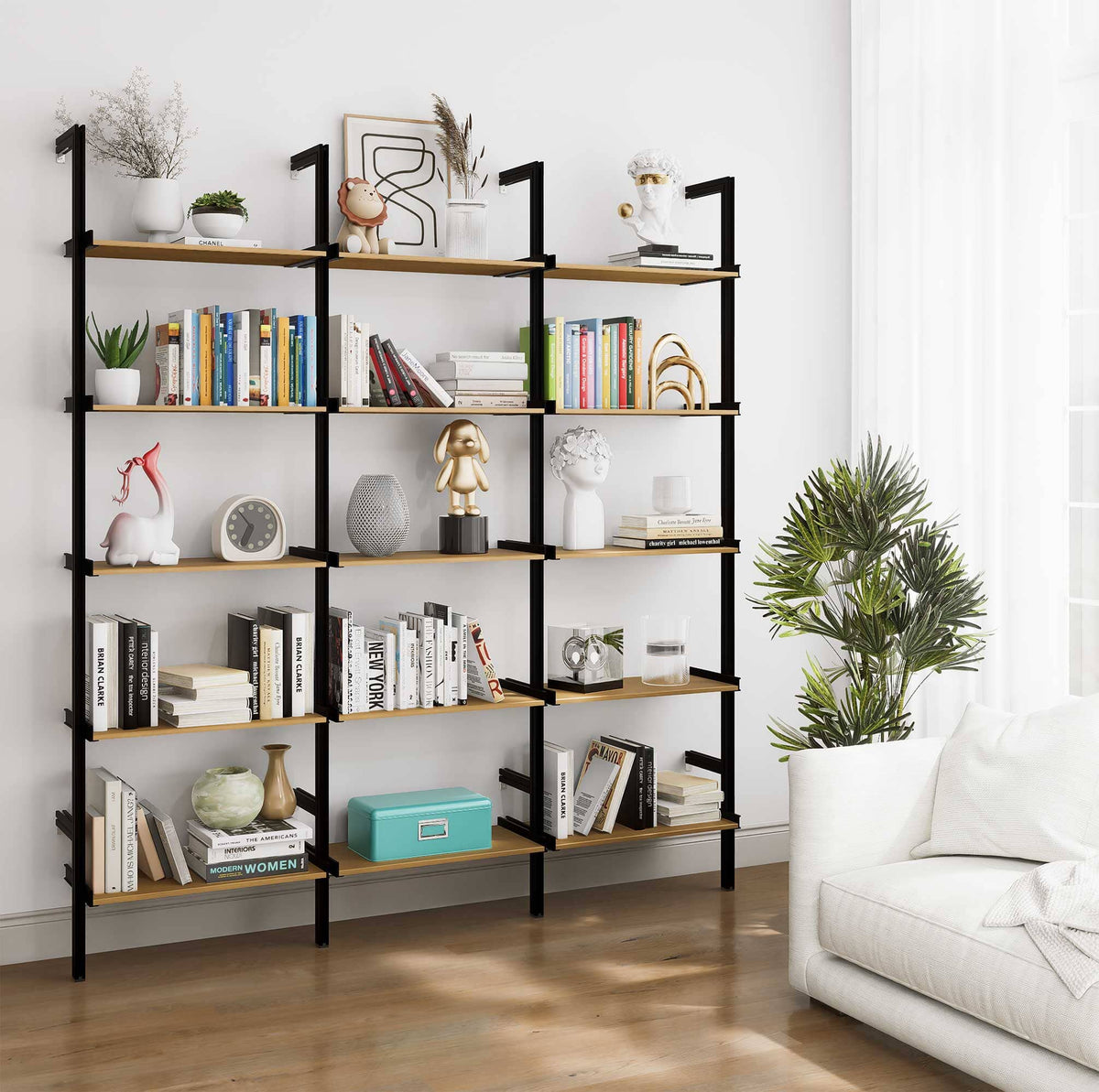 Aluminaire wood inspired modular shelving unit with wood-look aluminum shelves and black vertical posts, three bays, 24-inch shelf width, shown with open shelf levels.