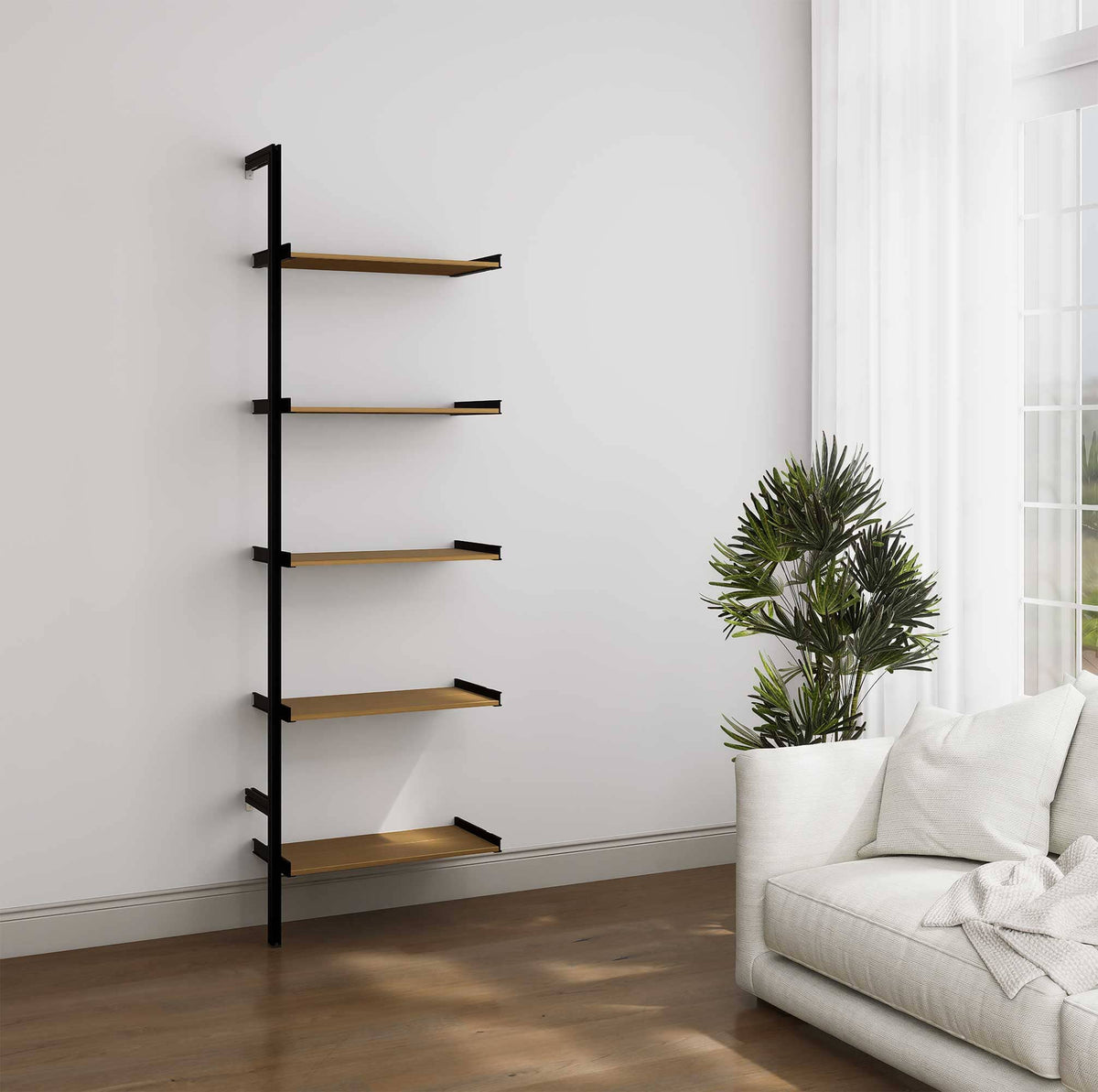 Aluminaire wood inspired modular shelving extension with wood-look aluminum shelves and black vertical post, one bay, 24-inch shelf width, shown with open shelf levels.