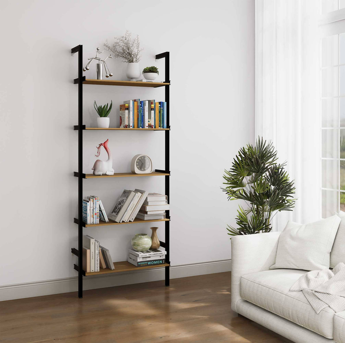 Aluminaire wood inspired modular shelving extension with wood-look aluminum shelves and black vertical post, one bay, 31-inch shelf width, shown with open shelf levels.