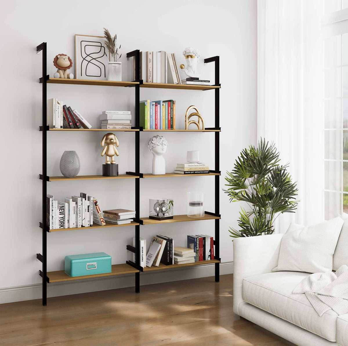 Aluminaire wood inspired modular shelving extension with wood-look aluminum shelves and black vertical post, two bays, 31-inch shelf width, shown with open shelf levels.