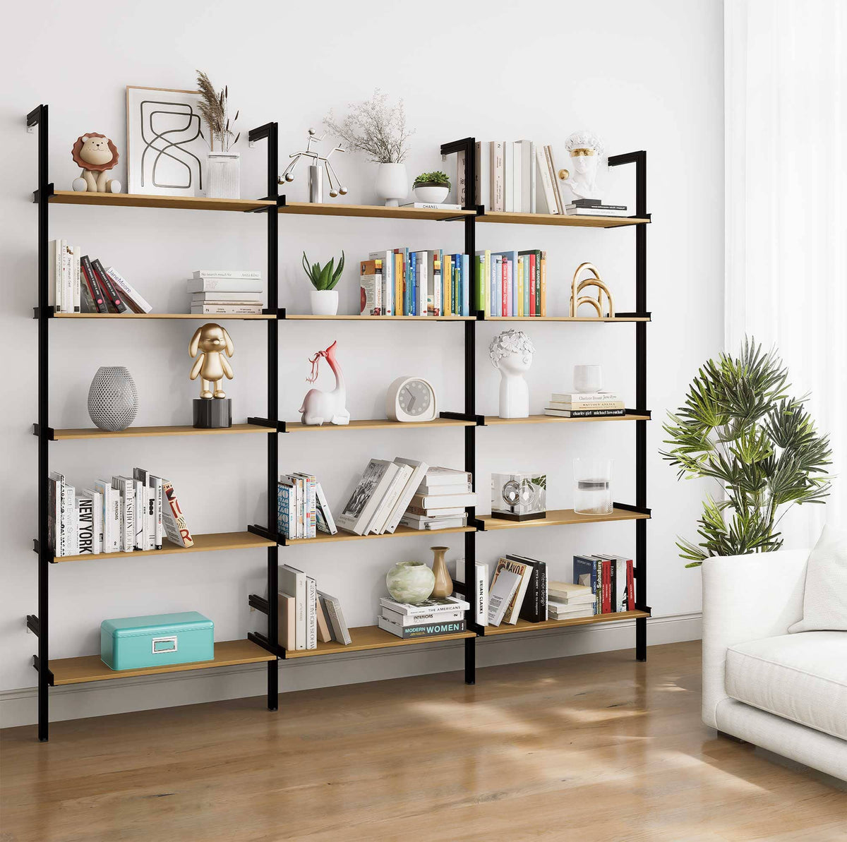 Aluminaire wood inspired modular shelving extension with wood-look aluminum shelves and black vertical post, three bays, 31-inch shelf width, shown with open shelf levels.