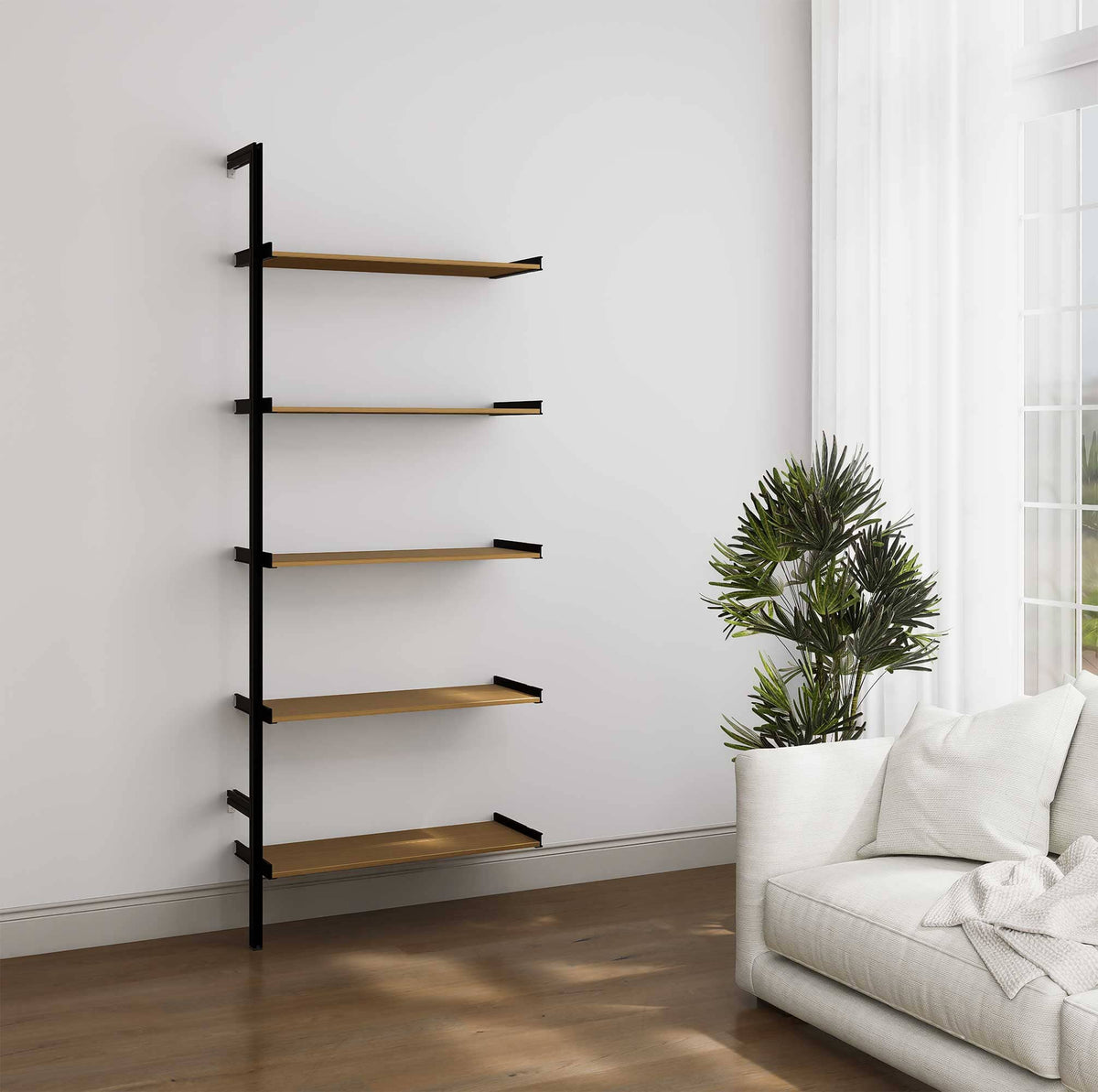 Aluminaire wood inspired modular shelving extension with wood-look aluminum shelves and black vertical post, one bay, 31-inch shelf width, shown with open shelf levels.