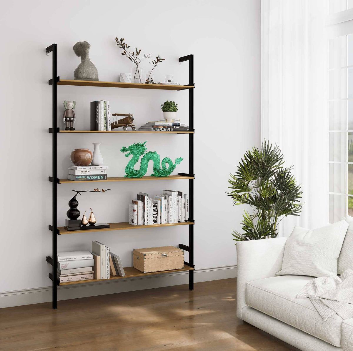 Aluminaire wood inspired modular shelving extension with wood-look aluminum shelves and black vertical post, one bay, 48-inch shelf width, shown with open shelf levels.