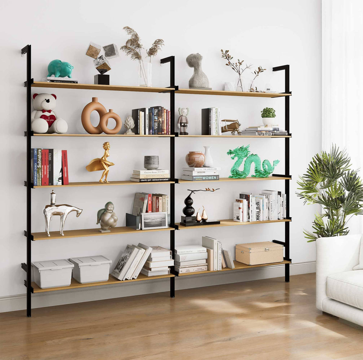 Aluminaire wood inspired modular shelving extension with wood-look aluminum shelves and black vertical post, two bays, 48-inch shelf width, shown with open shelf levels.