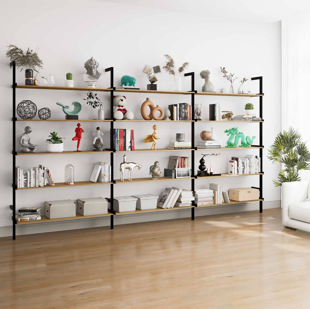 Aluminaire wood inspired modular shelving extension with wood-look aluminum shelves and black vertical post, three bays, 48-inch shelf width, shown with open shelf levels.