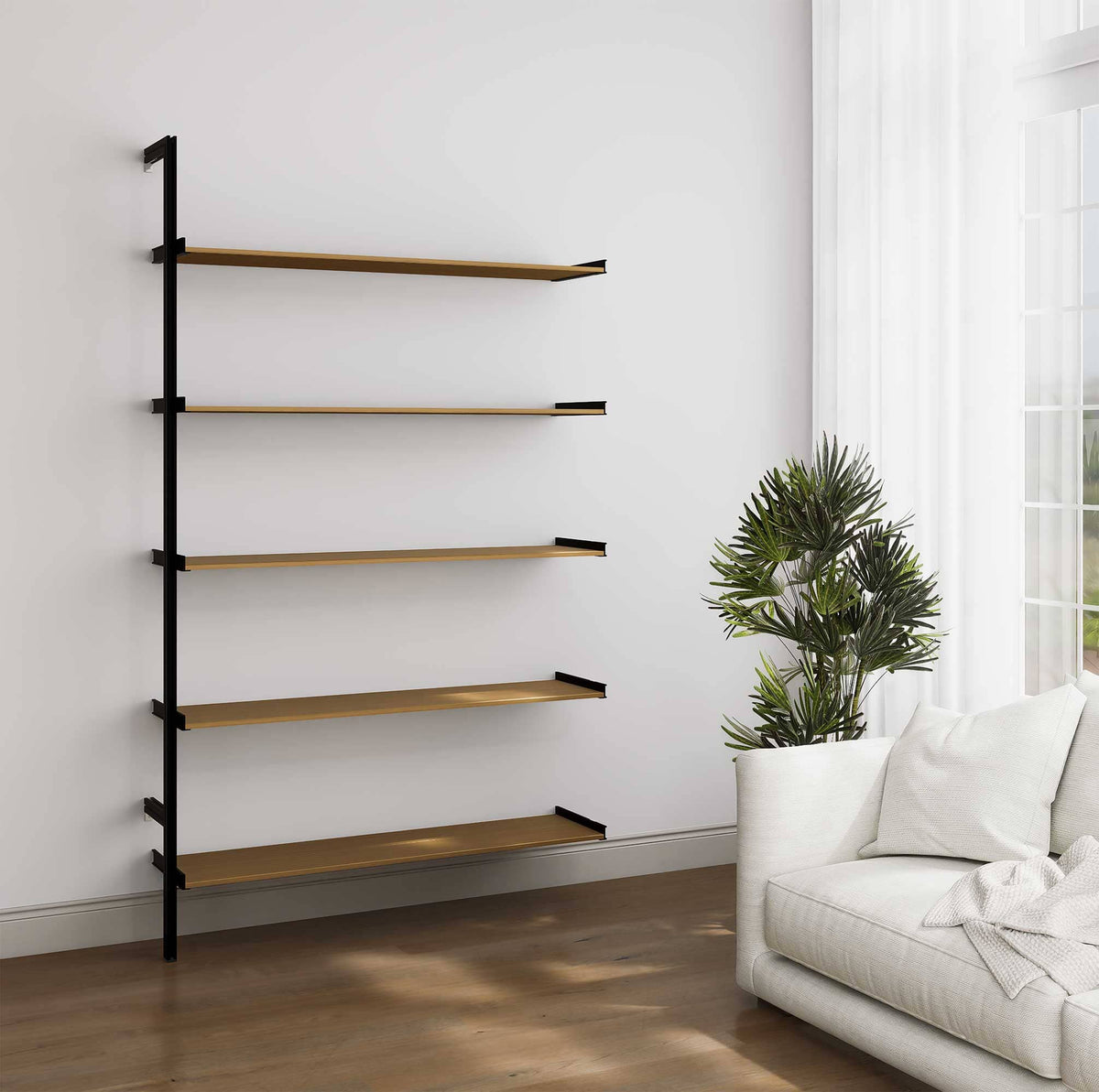 Aluminaire wood inspired modular shelving extension with wood-look aluminum shelves and black vertical post, one bay, 48-inch shelf width, shown with open shelf levels.